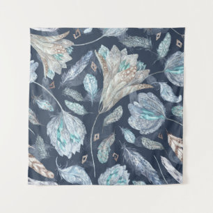 Tapete De Parede Penas Chic Boho Flores: Azul Escuro-Aquarela P