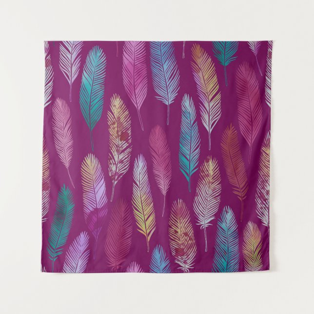 Tapete De Parede Penas coloridas: padrão de fundo roxo. (Frente)