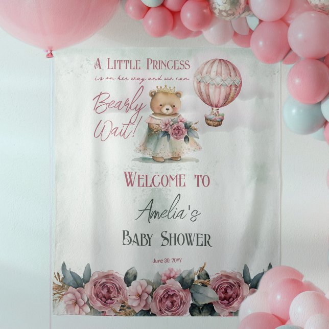Tapete De Parede Pequena Princesa Ursinha Chá de fraldas de Espera ("A Little Princess Is On Her Way and We Can Bearly Wait!" cute teddy bear princess shower design.)