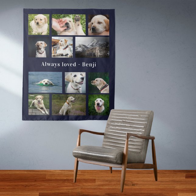 Tapete De Parede Pet Lover Keepsaname (Pet photo collage tapestry wall hanging with dark blue background.)