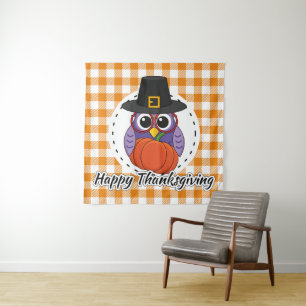 Tapete De Parede Pilgrim Owl em Orange Xadrez - Feliz Ação de Graça