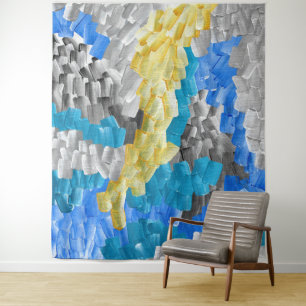 Tapete De Parede Pinceladas Abstratas em Amarelo, Azul e Cinza