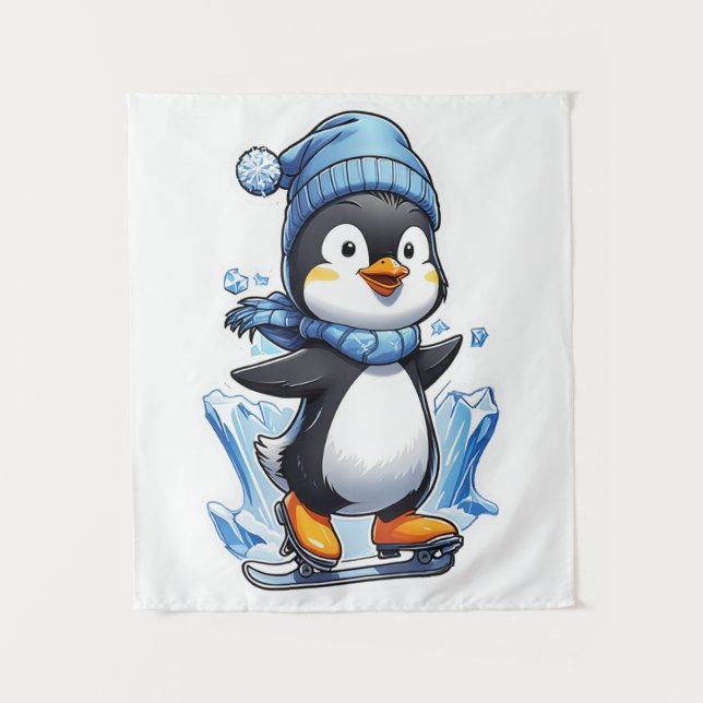 Tapete De Parede Pinguim de Inverno Patinando no Gelo (Frente)