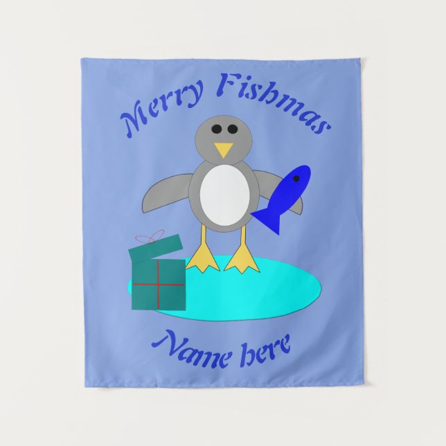 Tapete De Parede Pinguim de Pesca de Feliz Natal Personalizado (Frente)