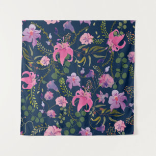 Tapete De Parede Pink and violet flowers with green leaves on the d
