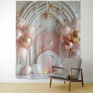 Tapete De Parede Pink Ballons and Gold Stars Photo Party Banner