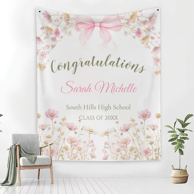 Tapete De Parede Pink Boho Wildflowers Graduation Party (Criador carregado)