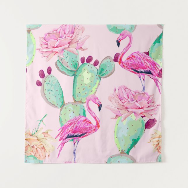 Tapete De Parede Pink flamingo, exotic birds, gentle flowers, rose, (Frente)