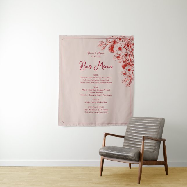Tapete De Parede Pink Red Floral Wedding Bar Menu (In Situ)