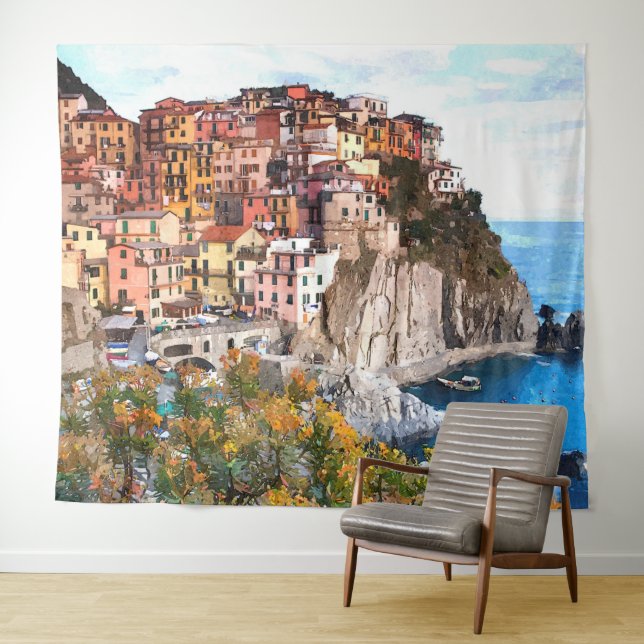 Tapete De Parede Pintura Costeira Italiana Amalfi Coast Watercolor (In Situ (Horizontal))
