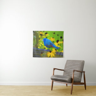 Tapete De Parede Pintura de Bunting Indigo - Arte original de Aves