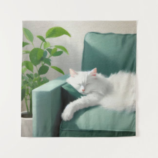 Tapete De Parede Pintura de Gato Dormindo em um Golpe Verde