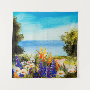 Tapete De Parede pintura de óleo de flores perto do mar, campo de c
