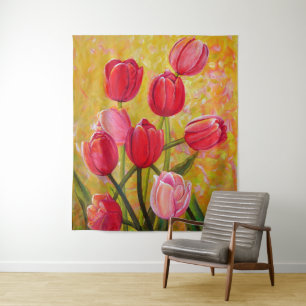 Tapete De Parede Pintura de Tulipas Rosa e Vermelha
