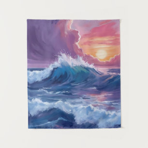 Tapete De Parede Pintura em Aquarela do Pôr do Sol com Ondas do Oce