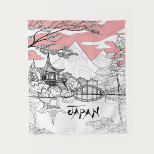 Tapete De Parede Pintura em Linha do Templo Japonês Lake Mountain