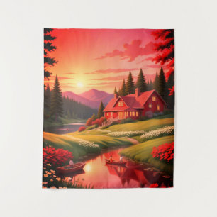 Tapete De Parede Pintura por Sol com Lago e Algodão