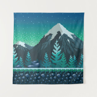 Tapete De Parede Pixel Art: Montanhas Neves Noite.