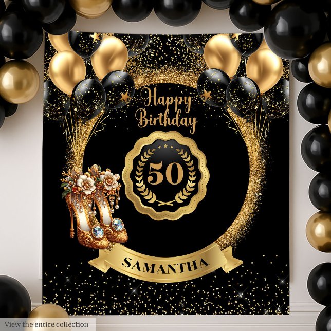 Tapete De Parede Plano de fundo da Festa de aniversário 50ª  Dourad (Black Gold Chic 50th Birthday Party Backdrop)