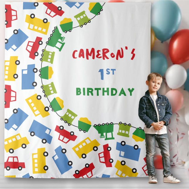Tapete De Parede Plano de fundo da Festa de aniversário de transpor (Boys Toys Colorful Transport Birthday Party Photo Backdrop Tapestry @ zazzle.com/fatfatin_mini_me)
