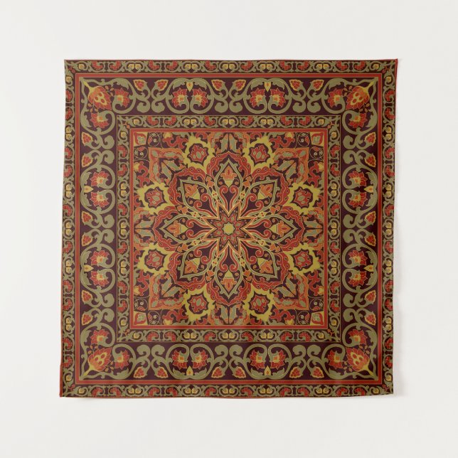 Tapete De Parede Pomamento floral oriental com padrão de quadro (Frente)