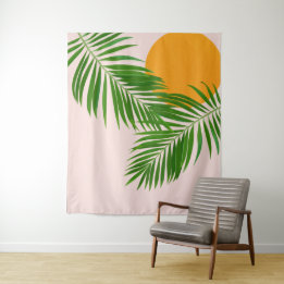 Tapete De Parede Pôr do Sol Tropical Retro Folhas de Palmeira Minim