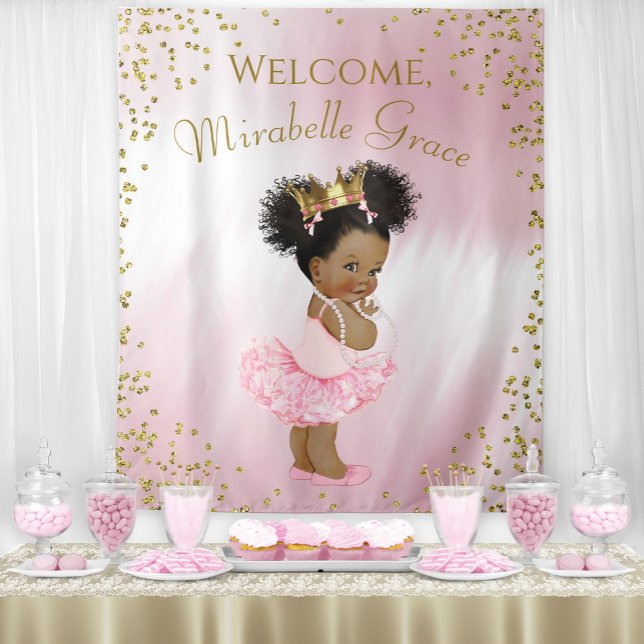 Tapete De Parede Pôster de Fundo de Babá de Princesa Afro (Cute pink and gold princess baby shower backdrop. Simply add your own text.)