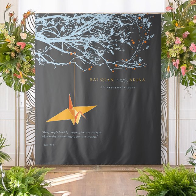 Tapete De Parede Prendendo Plano de Foto de Casamento com Crane de  (Hanging Origami Orange Paper Crane & Blue Branches Wedding Photo Backdrop @ fatfatin_red_knot)