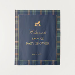Tapete De Parede Preppy Navy Plaid Baby Shower with Rocking horse