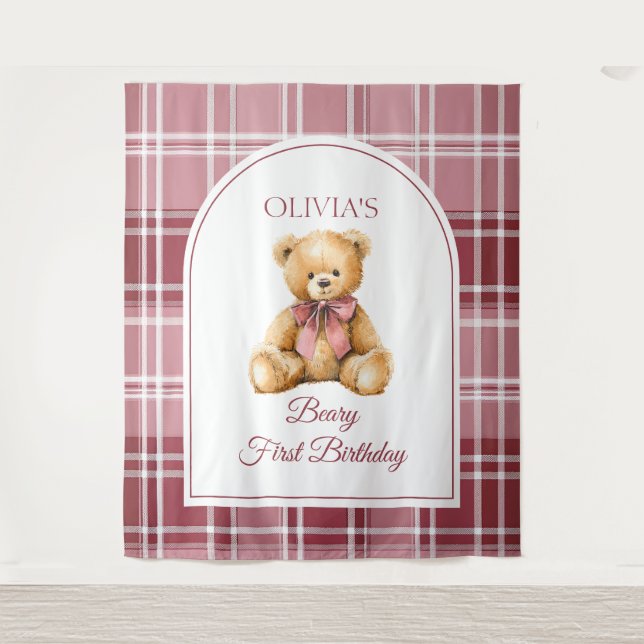 Tapete De Parede Preppy Teddy Bear Pink Bow Birthday Photo Backdrop (Frente)