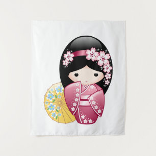 Tapete De Parede Primavera Kokeshi Doll - Garota Geisha Japonesa Bo