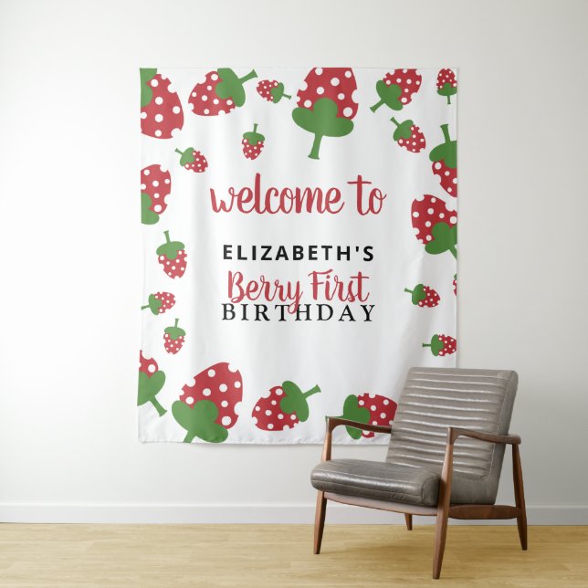 Tapete De Parede Primeiro Aniversário da Berry Fundo de Morango Fof (In Situ)