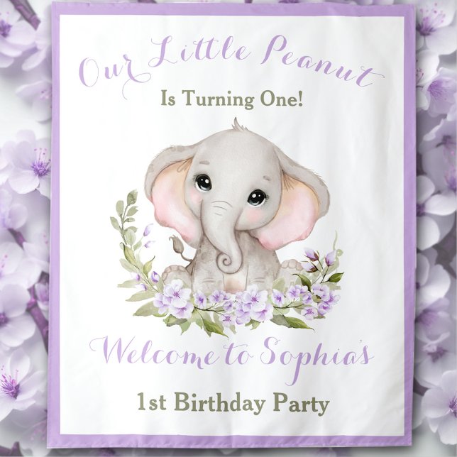 Tapete De Parede primeiro aniversario Rapariga Elefante Sinal de Bo (1st Birthday Girl Elephant Welcome Sign Tapestry)