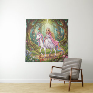 Tapete De Parede Princesa de desenho animado montando no unicórnio