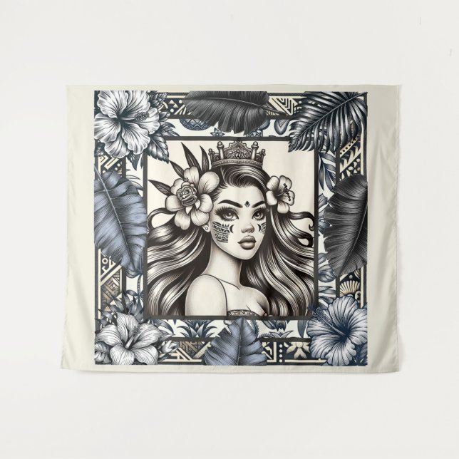 Tapete De Parede Princesa Polinésia Floral Tribal Azul (Frente (Horizontal))