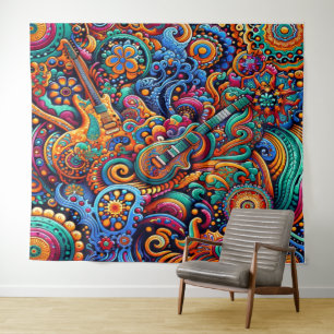 Tapete De Parede Psychedelic Batik Guitar Arte Colorida Música Retr