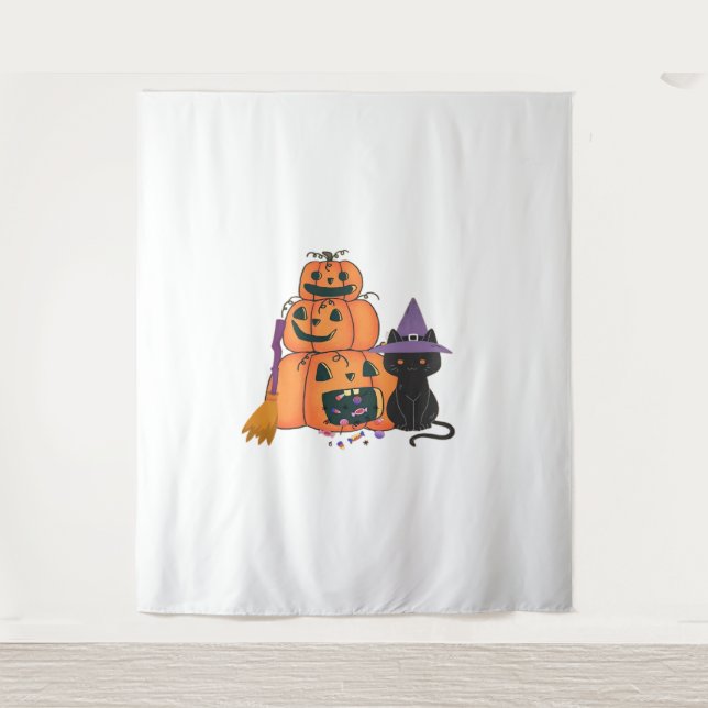 Tapete De Parede Pumpkin do Halloween com Gato Preto, Doces e Mo (Frente)