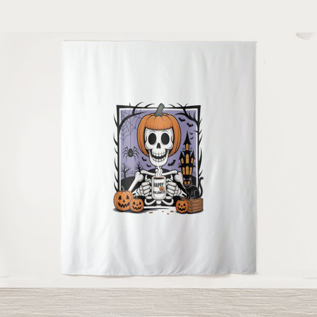 Tapete De Parede Pumpkin Skeleton Bebendo Café (Frente)