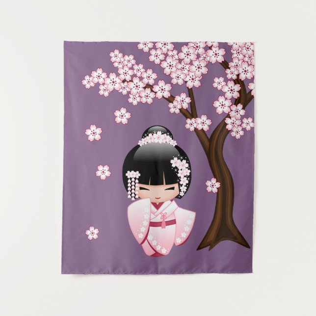 Tapete De Parede Quimono Rosa Boneca Kawaii Kokeshi em Roxo (Frente)
