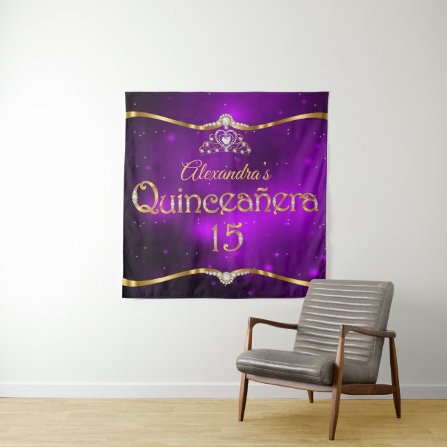 Tapete De Parede Quinceanera 15 Birthday Roxo Glitter Dourado (In Situ)