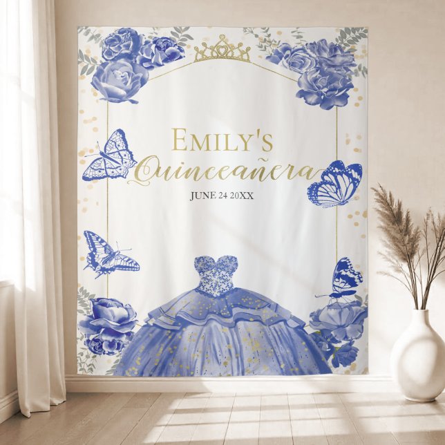 Tapete De Parede Quinceanera Backdrop Royal Blue Dress Floral (Criador carregado)