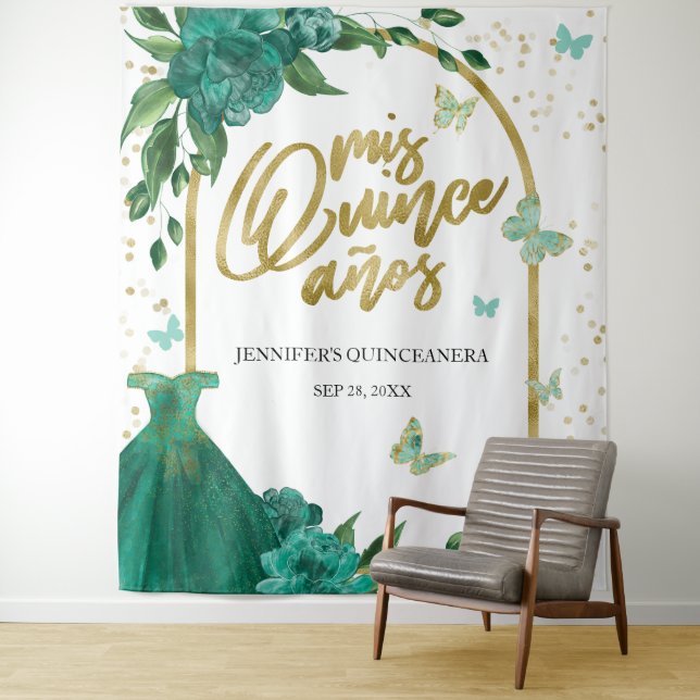 Tapete De Parede Quinceanera Butterflys Emerald Green Gown (In Situ)