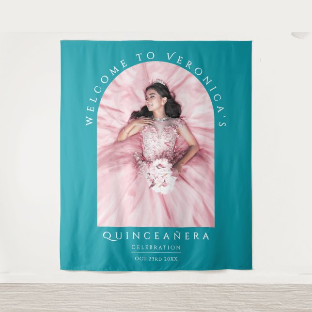 Tapete De Parede Quinceañera Clássica Azul-Teal Simples (Frente)