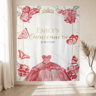 Tapete De Parede Quinceanera Fundo Vermelho Vestido Floral Dourado