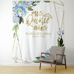 Tapete De Parede Quinceanera Gold Foil Azul Dusty Fundo Floral
