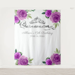 Tapete De Parede Quinceanera Tiara Prata Floral Roxo Fundo