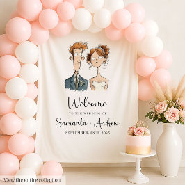 Tapete De Parede Quirky Bride e Groom Wedding Backdrop Watercolor