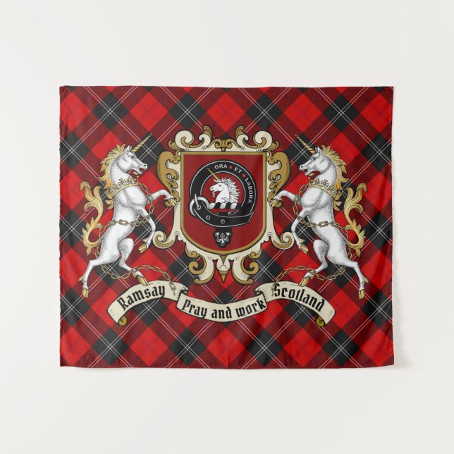 Tapete De Parede Ramsay Clan Crachá & Unicorns w/Tartan (Frente (Horizontal))