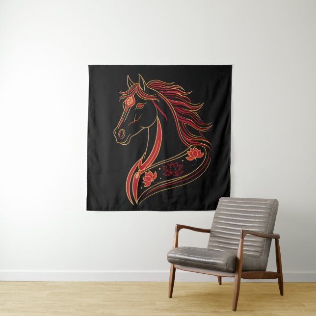 Tapete De Parede Red & Gold Horse with Lotus, Spiritual Symbolic  (In Situ)
