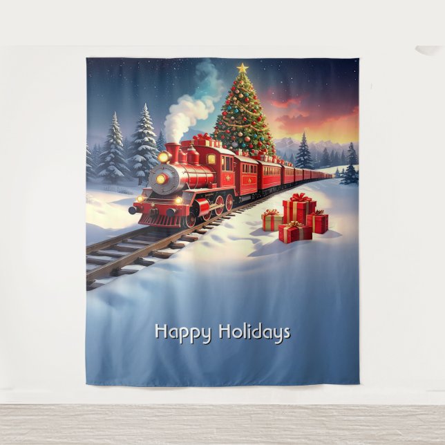 Tapete De Parede Red Train Christmas Tree Holiday Backdrop (Frente)